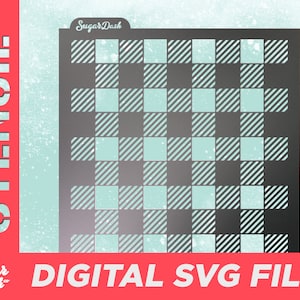 May include: Digital SVG file for a black and white buffalo plaid stencil. The stencil is made up of a grid of squares with diagonal lines.