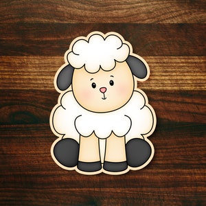 May include: A cartoon illustration of a white sheep with black hooves and ears. The sheep is sitting on a brown wooden surface.