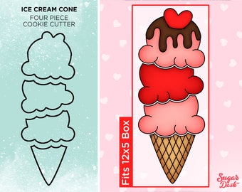 May include: Four-piece cookie cutter set shaped like an ice cream cone with three scoops of ice cream and a heart-shaped cherry on top. The cutter fits a 12x5 inch box.
