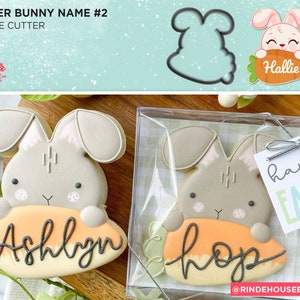 May include: Two decorated sugar cookies shaped like Easter bunnies holding carrots. The carrots are decorated with the names "Ashlyn" and "Hop". The cookies are in a clear plastic container with a tag that says "Happy Easter".