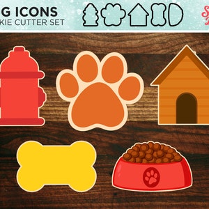 Ensemble de 5 emporte-pièces Dog Icons avec bouche d&#39;incendie, empreinte de patte, niche pour chien, os et bol de nourriture
