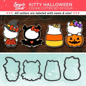 May include: Set of four Halloween-themed cookie cutters featuring a witch, a bat, a candy corn, and a pumpkin. The cutters are made of metal and are labeled with their names and sizes.