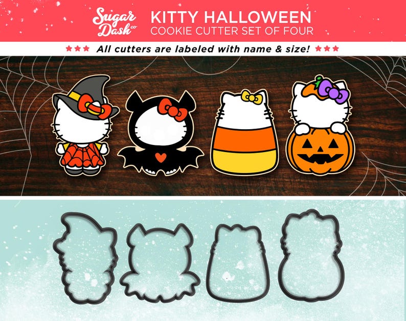 May include: Set of four Halloween-themed cookie cutters featuring a witch, a bat, a candy corn, and a pumpkin. The cutters are made of metal and are labeled with their names and sizes.