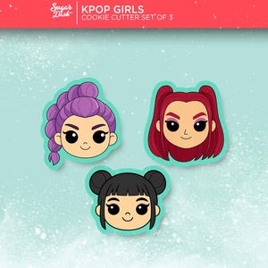 May include: Set of three KPOP Girls cookie cutters. Each cutter features a stylized face with different hairstyles: purple braid, red pigtails, and black space buns. The cutters are on a teal background with the text "KPOP GIRLS COOKIE CUTTER SET OF 3".