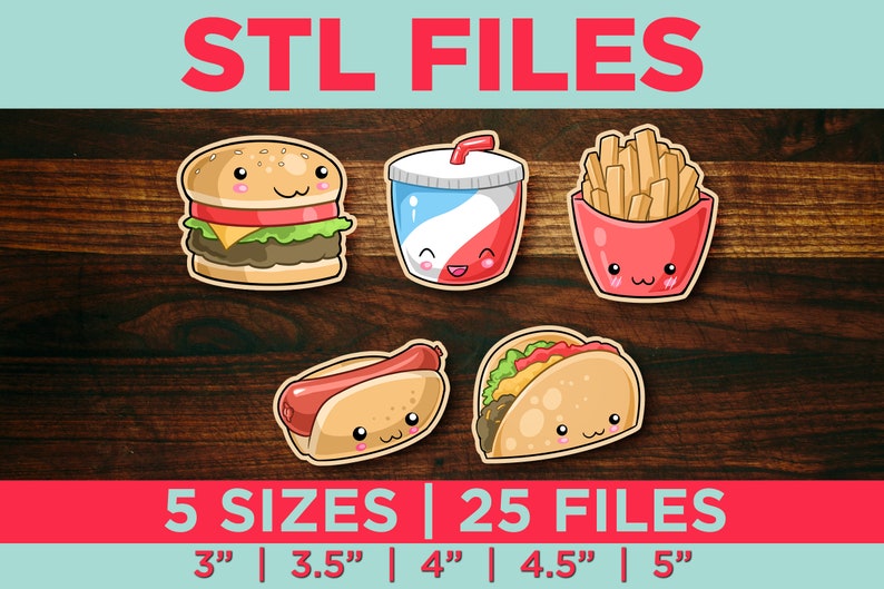 Puede incluir: Cinco archivos STL para la impresi&oacute;n 3D de dise&ntilde;os de comida de dibujos animados lindos: una hamburguesa, un vaso de soda, papas fritas, un hot dog y un taco. Cada dise&ntilde;o est&aacute; disponible en cinco tama&ntilde;os: 7,6 cm, 8,9 cm, 10,2 cm, 11,4 cm y 12,7 cm.
