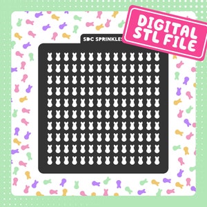May include: A black and white digital STL file for a 3D printed Easter bunny cookie cutter. The file is designed to create a grid of 10 x 10 bunny cookie cutters. The image includes the text "SDC SPRINKLES" and "DIGITAL STL FILE".