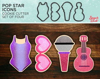 Pop Star Cookie Cutter Set of Four | Bodysuit, Mic, Guitar and Heart Sunglasses