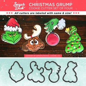Christmas Grump Cookie Cutter Set of 4 with Grump, Dog, Christmas Tree and Hand Holding Ornament
