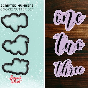 May include: A set of three cookie cutters shaped like the words "one", "two", and "three" in a script font. The cutters are black and are shown against a light blue background. The words "Scripted Numbers Cookie Cutter Set" are printed above the cutters. The words "Sugar Dash" are printed below the cutters.