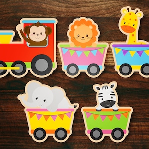 May include: A red toy train with five cars. The first car has a monkey in the driver's seat. The other cars have a lion, a giraffe, an elephant, and a zebra. Each car has a colorful banner with flags.