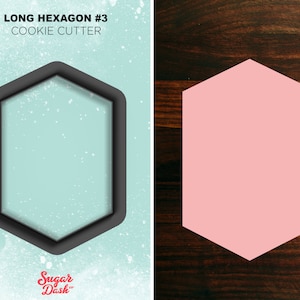 May include: A black cookie cutter in the shape of a long hexagon. The cutter is on a light blue background with white speckles. The text "LONG HEXAGON #3 COOKIE CUTTER" is at the top of the image. The text "Sugar Dash" is at the bottom of the image.