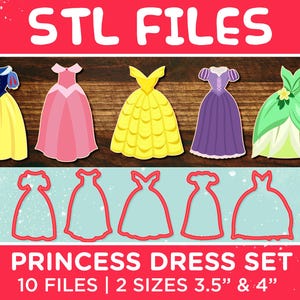 STL Princess Dress Cookie Cutter Set of 5 TWO SIZES - 3.5&quot; and 4&quot;