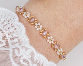 FARIDA - Pulsera margarita con cuentas de circonitas - oro blanco rosa - acero inoxidable resistente al agua - pulsera de flores - embalaje de regalo - AmisaJewellery