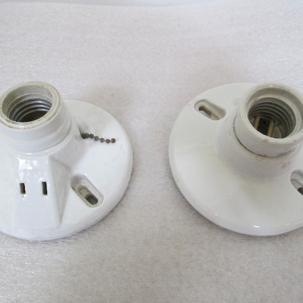 Porcelain White Lamp Holders. flush mount  lamp sockets w/ pull chains lot of 2