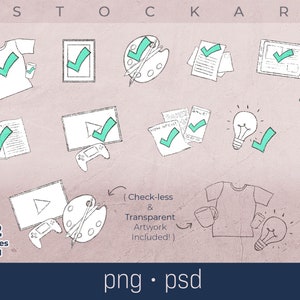 May include: A collection of 32 line art images, including a t-shirt, palette, tablet, and lightbulb, each with a green checkmark. The image includes the text "Z STOCK ART" and "png • psd". The artwork is check-less and transparent.