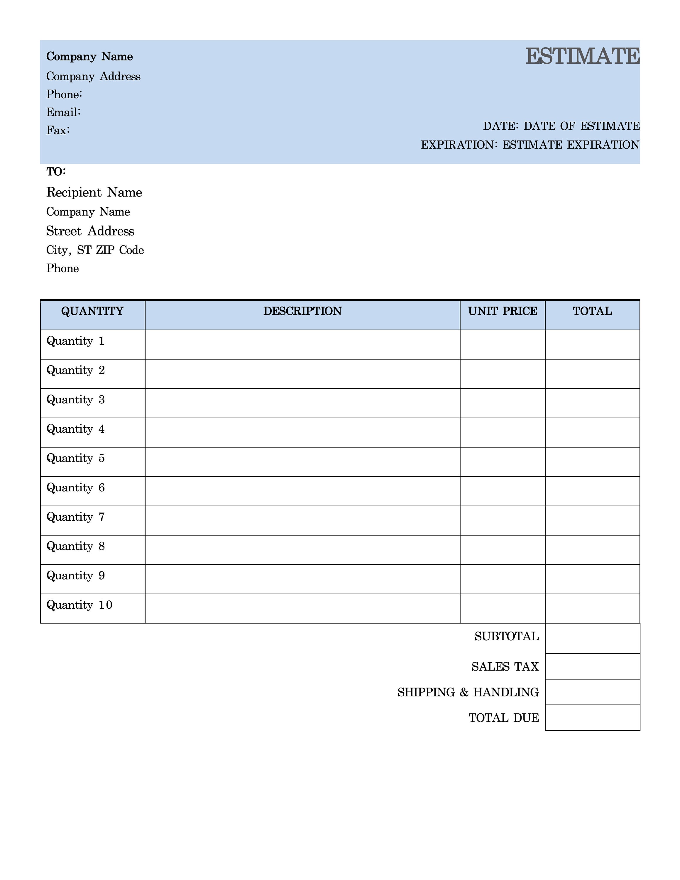 Sample Estimate Template Estimate Template Templates Business Template 