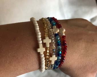 Bead cross bracelets, cross stretch bracelets, stackable bracelets, bead bracelets