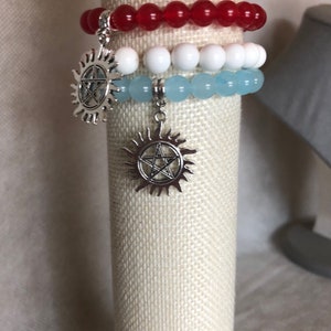 Supernatural Bracelets, Anti Possession Bracelets, Gemstone Beaded Bracelets, SPN fandom symbol