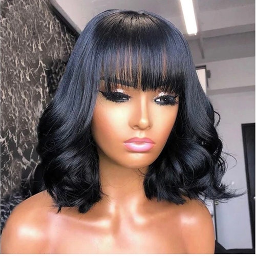 Short Bob Style Wavy Bangs Wig Natural Human Hair Wig Black - Etsy Sweden Short Bob Style Wavy Bangs Wig Natural Human Hair Wig Black - Etsy Sweden