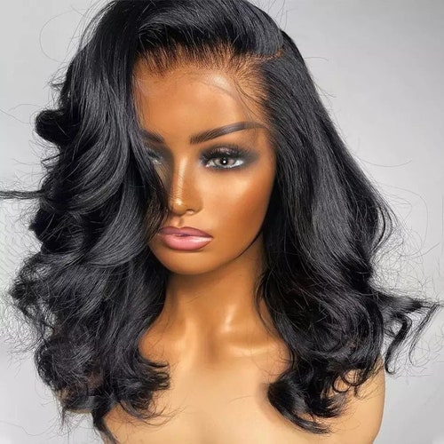 Body Wave Mid Length Lace Frontal Wig Natural Wavy Human Hair - Etsy