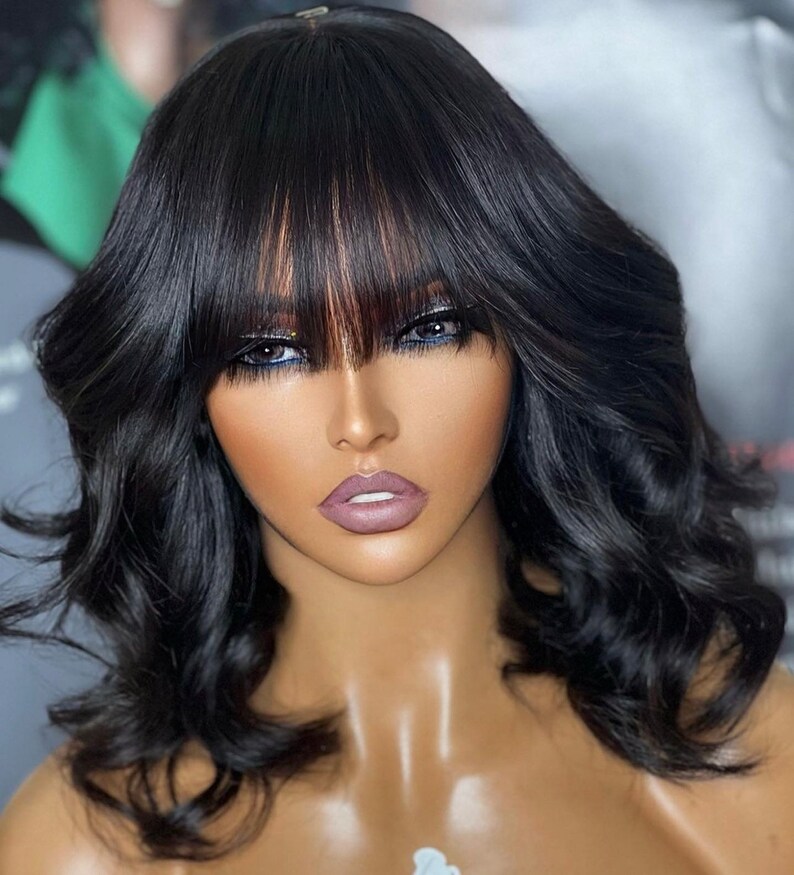 Luxurious Short Bob Style Wavy Bangs Wig Natural Human Hair - Etsy Luxurious Short Bob Style Wavy Bangs Wig Natural Human Hair - Etsy