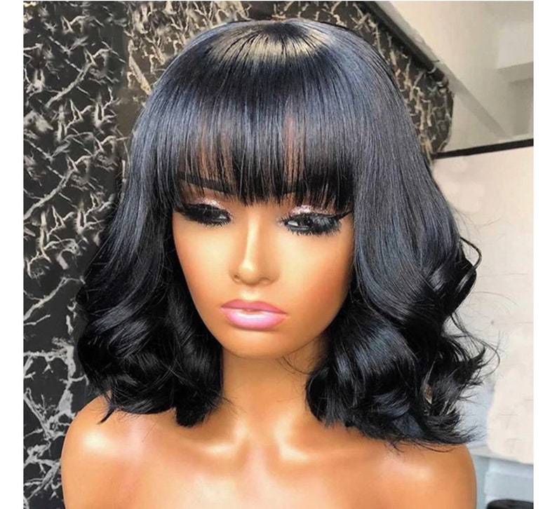 Short Bob Style Wavy Bangs Wig Natural Human Hair Wig Black Etsy