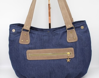 Large sac hobo denim et cuir