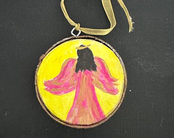 Hand Painted Angel Ornament: Rustic Wood Slice, Original Art