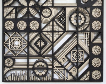 Utopía (arte abstracto de pared extragrande, arte étnico, decoración del hogar, decoración de pared de madera, arte pirograbado, decoración de madera)