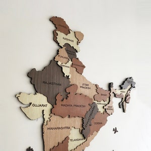 India Travel Map, India Wood Map, Wall Decor, 3D Map, India State Map, Home Decor, New Apartment Gift