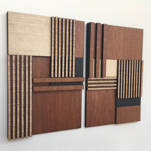 Decorazione da parete geometrica in legno (set di 2) - Arte moderna in legno - Minimal - Design di flauti - Dipinti su legno