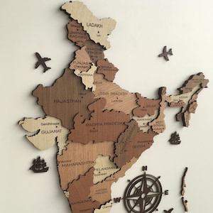 India Travel Map, India Wood Map, Wall Decor, 3D Map, India State Map, Home Decor, New Apartment Gift