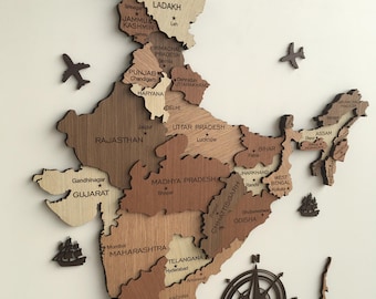 India Travel Map, India Wood Map, Wall Decor, 3D Map, India State Map, Home Decor, New Apartment Gift