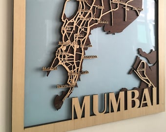 Wooden City Map - Mumbai (Modern Wall decor, wood wall hang, Wood burning art)