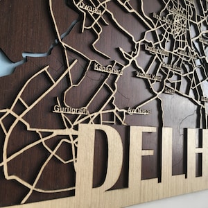 Houten stadskaart - Delhi (moderne wanddecoratie, houten wanddecoratie, houtbrandkunst)