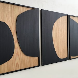 Abstract Wood Wall Art - Mid Century Modern wall art - Boho Room - Bauhaus - Minimal - Black and white Collection (Set of 3)