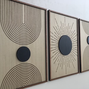 Sun and moon Wood Wall Art - Mid Century Modern Wood Art - Bauhaus Boho wall art - Minimal - Black and white Collection (Set of 3)(Set of 2)