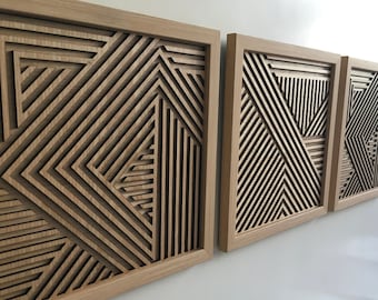 Geometric Wood Wall Art (Set of 3) - Modern Wood Art - Minimal [WITH FRAME]