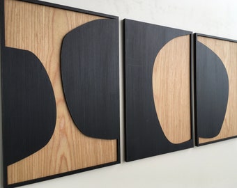 Abstract Wood Wall Art - Mid Century Modern wall art - Boho Room - Bauhaus - Minimal - Black and white Collection (Set of 3)