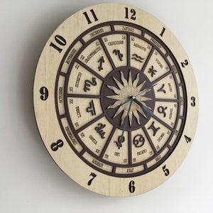 Könnte beinhalten: Eine Wanduhr aus Holz mit hellem Holzgesicht und dunkelbraunen Akzenten. Die Uhr hat ein Tierkreis-Thema mit astrologischen Symbolen und Monatsnamen um das zentrale Sonnendesign. Die Zeiger sind schwarz.