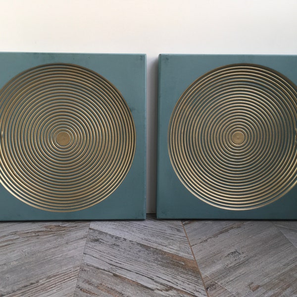 Mid Century Rustic Paint Wall Art - Modern wall art - Boho Room - Carving Art - Minimal - Rustic Collection Teal Green and Gold (Set of 2)