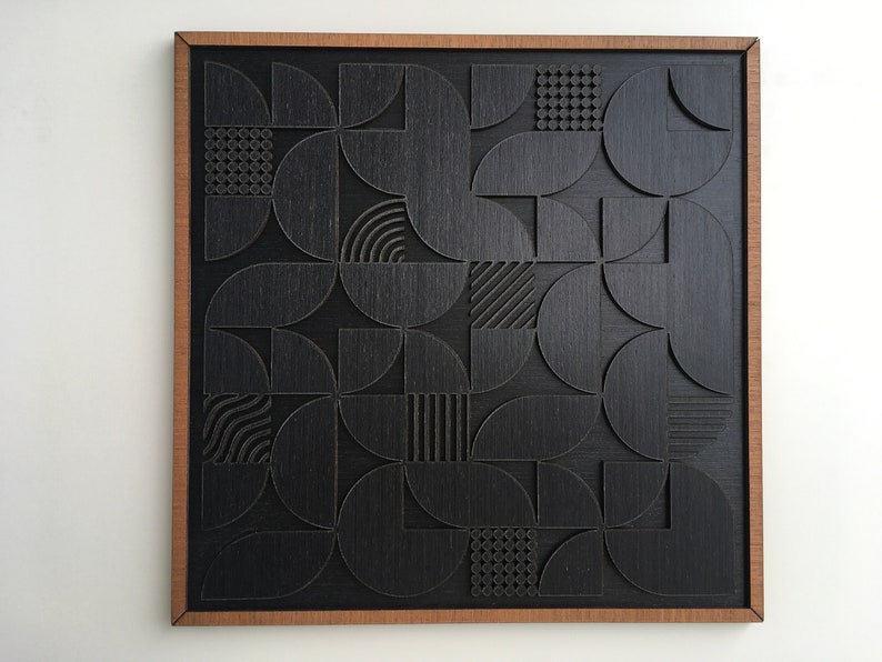 Geometric Abstract Wood Wall Art Modern Wood Art Minimal Charcoal Black