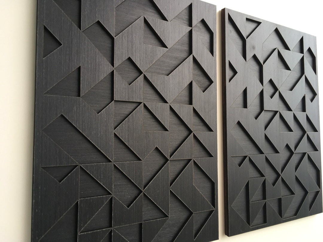 Geometric Abstract Wood Wall Art Modern Wood Art Minimal Charcoal Black