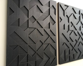 Arte geométrico abstracto de pared de madera - Arte moderno de madera - Mínimo - Colección negro carbón (juego de 4) (juego de 3) (juego de 2) (1 pieza)