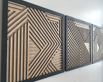 Geometric Wood Wall Art (Set of 3) - Modern Wood Art - Minimal - Oak Wood White Collection