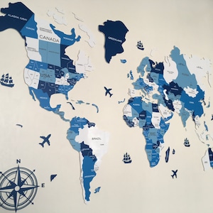 2D Acrylic World Map (Shades of Blue) - Extra large wall art abstract, wood burning art, world map with countries