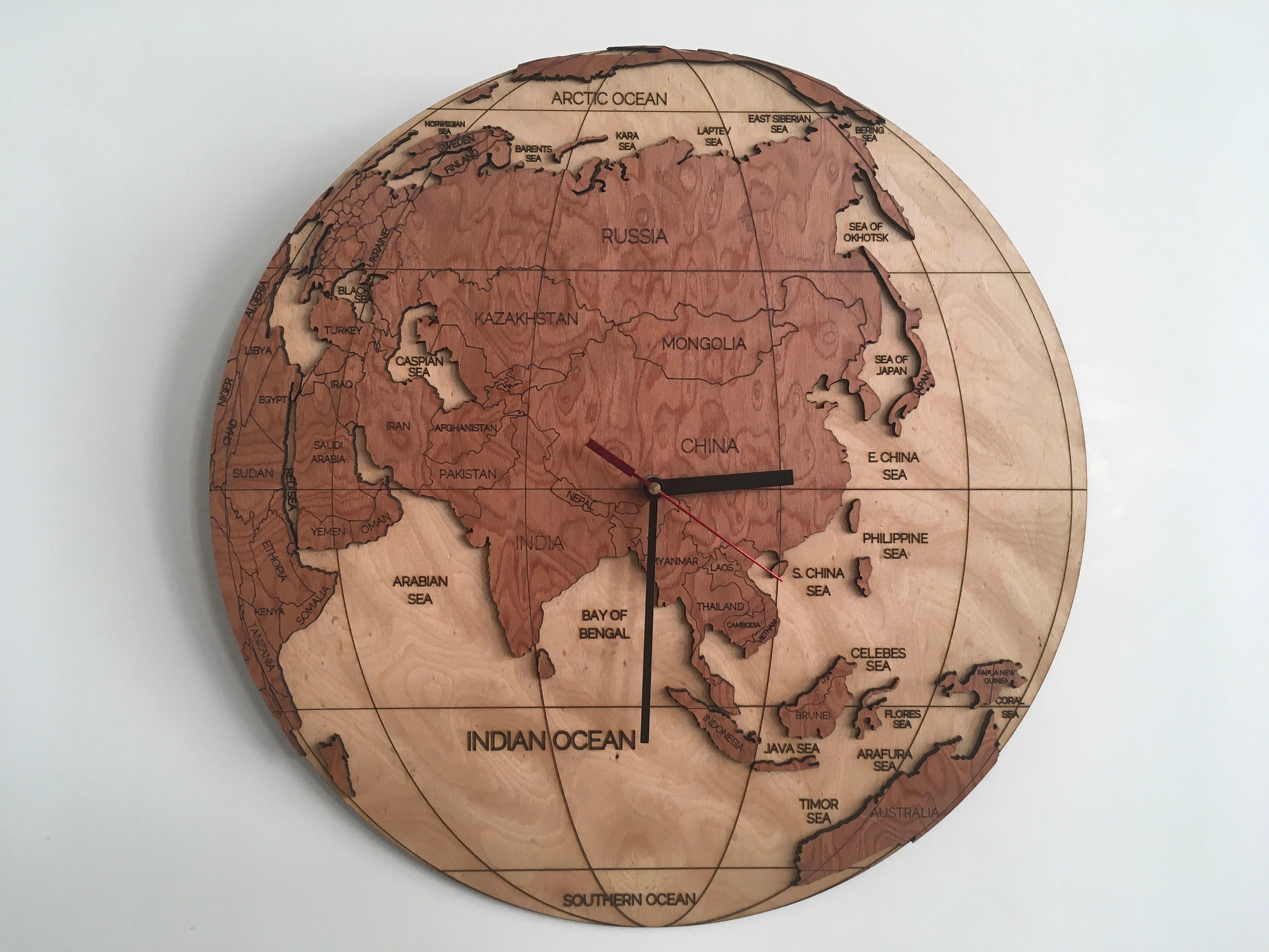 Wooden World Clock Eastern Hemisphere world Map With Countries, Oceans