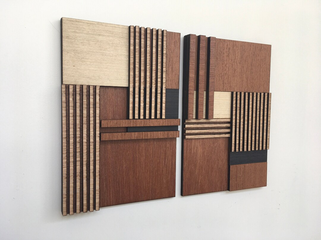 Geometric Wood Wall Art set of 2 Modern Wood Art Minimal Flutes Design