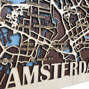 Houten stadskaart - Amsterdam (moderne wanddecoratie, houten wanddecoratie, houtbrandkunst)