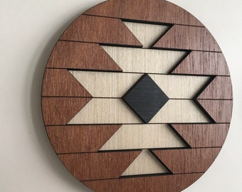 Aztec Geometric Wood Wall Art (Brown Round 2) - Macrame Wall Hanging - Boho Wood Art - Round Wooden Wall Art - Modern Wood Art - Minimal